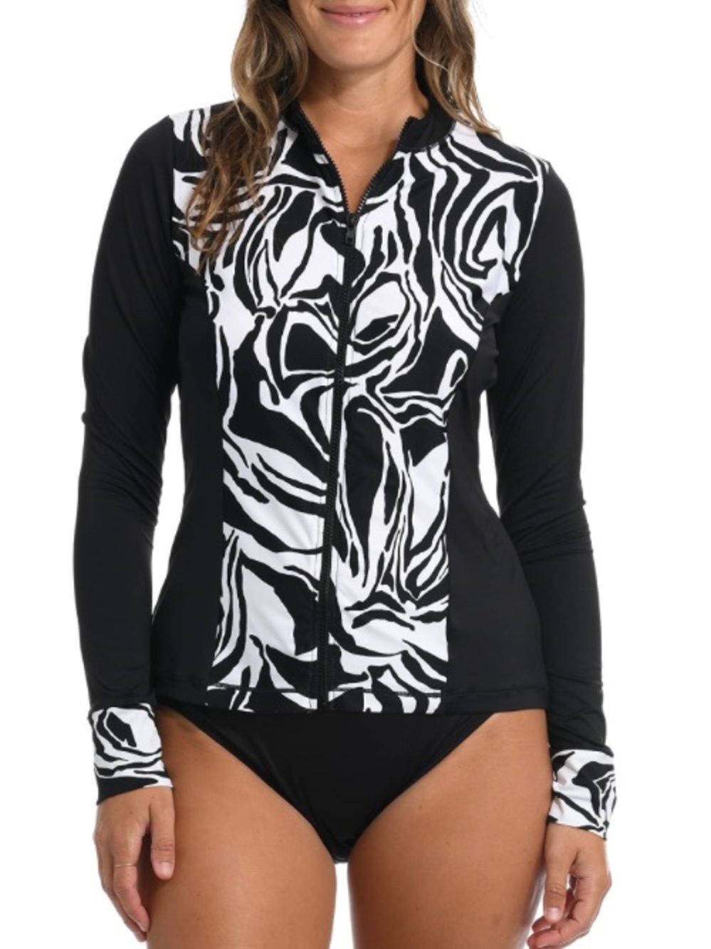 Women's Rash Guard 24th & Ocean Black & White Zip Front Rash Guard UPF 50 NWT L